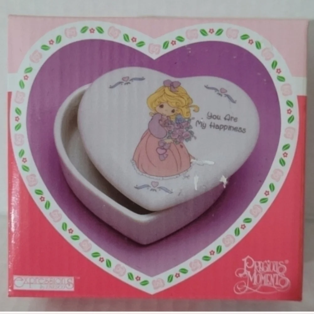 Vintage 1995 Precious Moments Jewelry Box Heart Shaped White Pink (NEW)